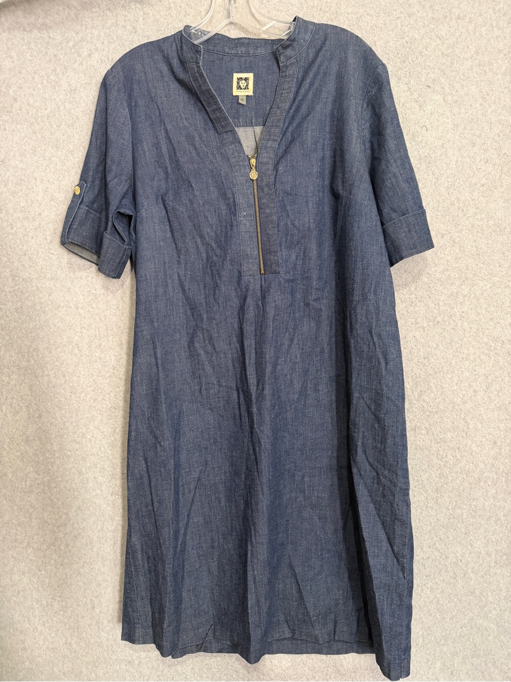 Anne Klein Indigo Chambray Midi Dress with Gold Zip SZ 10